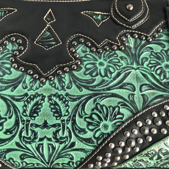 TRINITY RANCH Teal Tooled Genuine Leather Bag - Picture 3 of 15